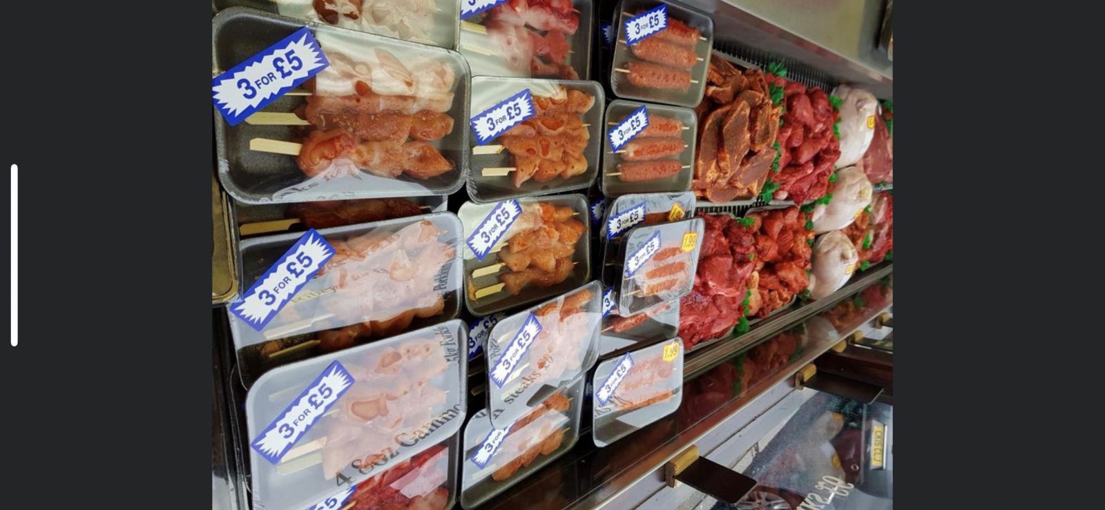 The refrigerated counter at Noels, stacked with kebabs, steaks and 3-for-£5 trays